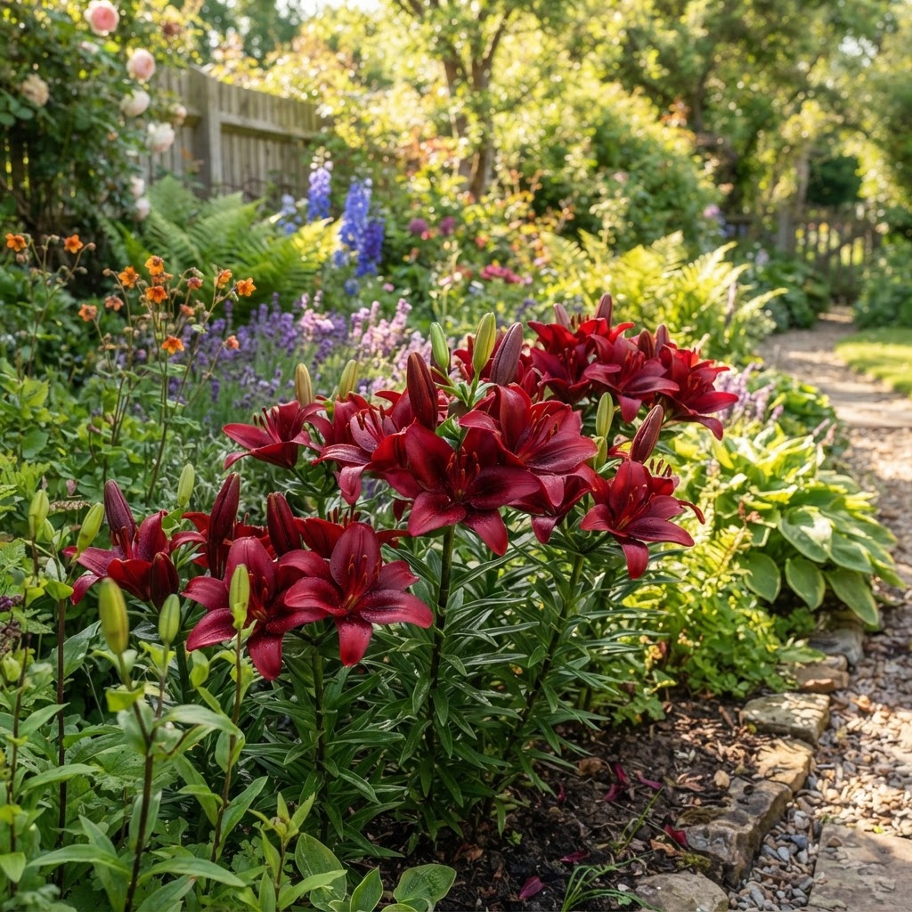 Deep red lilies flowering in a garden border in summer sunshine