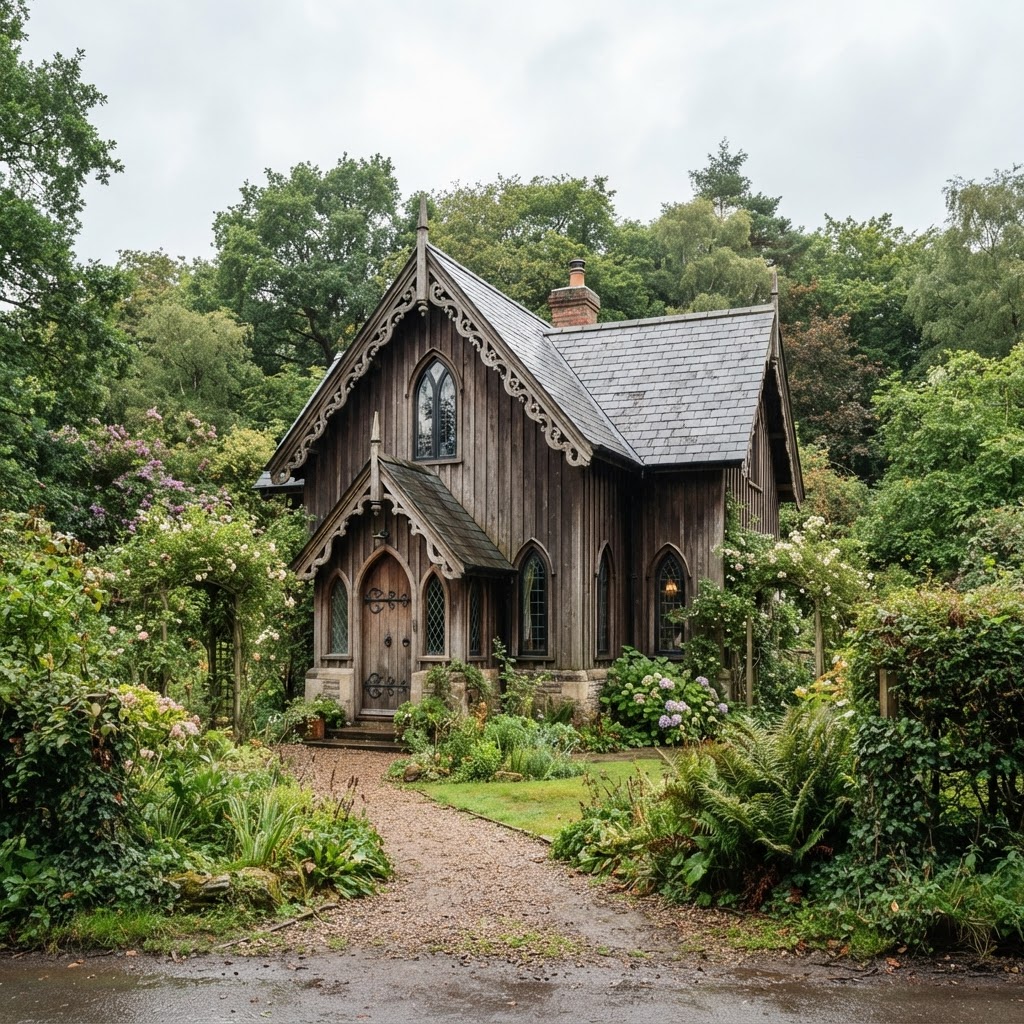 Small Gothic Revival timber cottage with steep gables, carved bargeboards and pointed windows