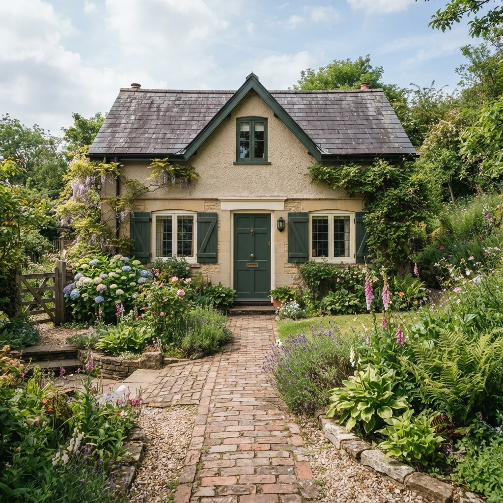 Small beige cottage with a matching dark green front door and shutters and a brick path
