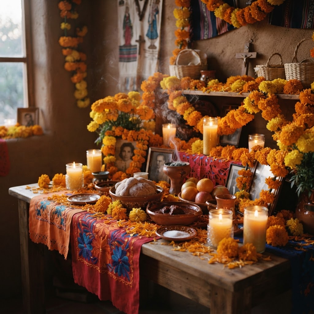 Altar decorated with orange marigold garlands, candles and marigold petals for Dia de los Muertos