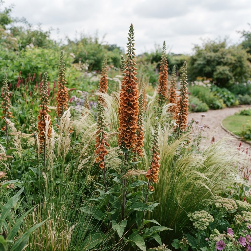 Tall narrow spires of rusty copper foxglove flowers among ornamental grasses