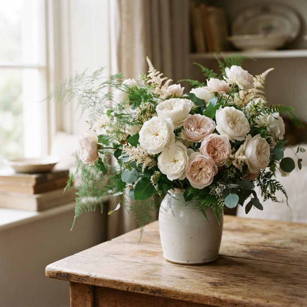 Bouquet of white and blush roses softened with feathery fern foliage in a stoneware vase