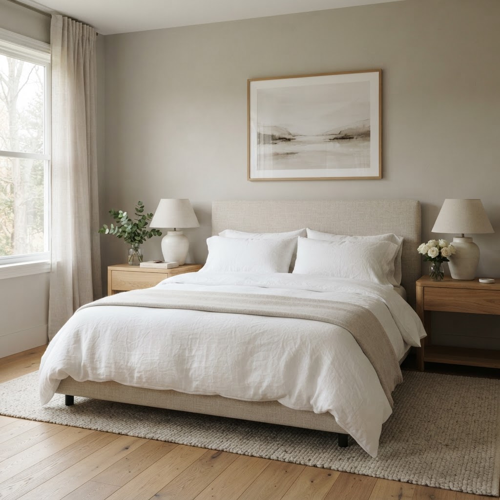 Bedroom with soft greige walls, an upholstered linen bed with white bedding, oak bedside tables, ceramic lamps and a framed landscape print