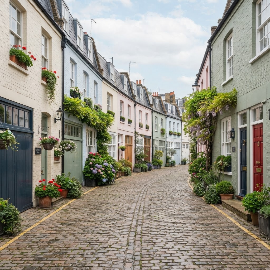 Quiet cobbled mews street with small painted houses and potted plants