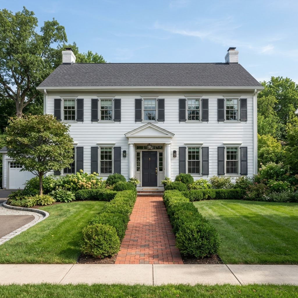 White two-storey colonial house with charcoal gray shutters, a charcoal front door and light gray window trim, a symmetrical facade, a red brick path and clipped boxwood hedges