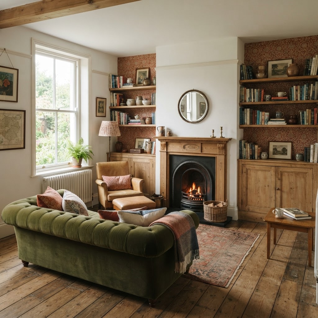Cosy period lounge with a white chimney breast and fireplace, the two alcoves papered in a terracotta patterned wallpaper behind built-in wooden bookshelves, and an olive green velvet sofa