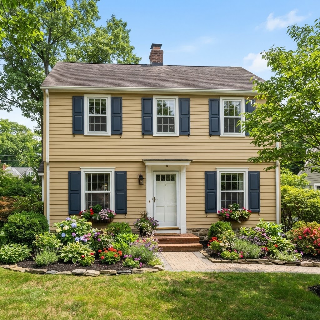 Warm yellowish beige sided house with navy blue raised panel shutters and flower beds