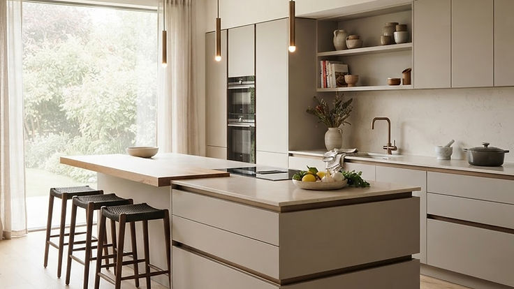 Modern true handleless kitchen in warm greige matt finish with slim recessed channels, an island with an oak worktop, bar stools, slender pendant lights and a large garden window