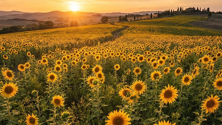 Field of tall yellow sunflowers in golden evening light