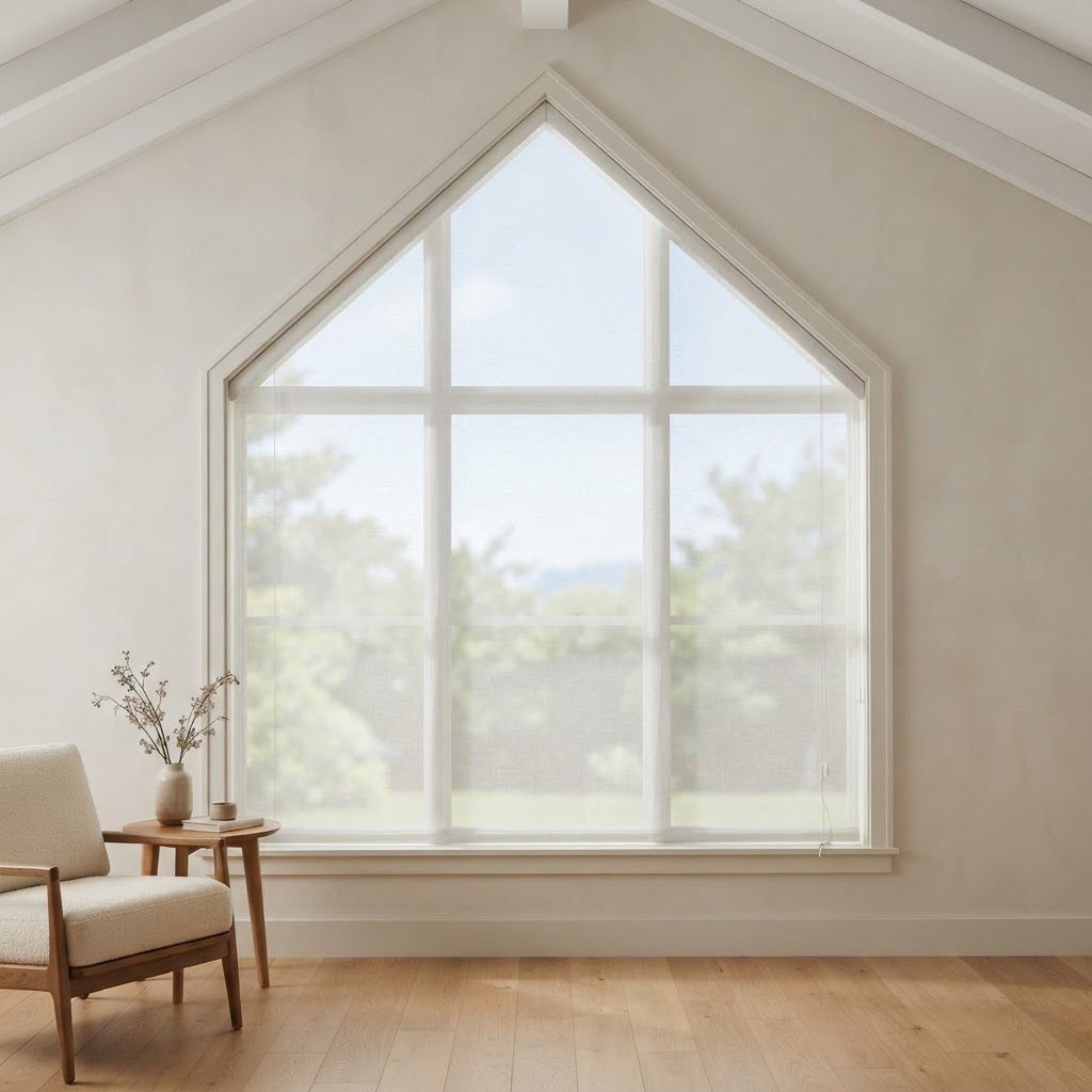 Pentagon-shaped gable window with a sheer shade in a bright room