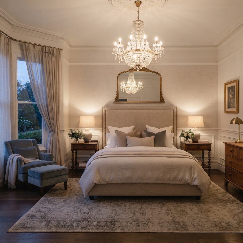 Elegant bedroom with a crystal chandelier, a tall upholstered headboard and soft evening light