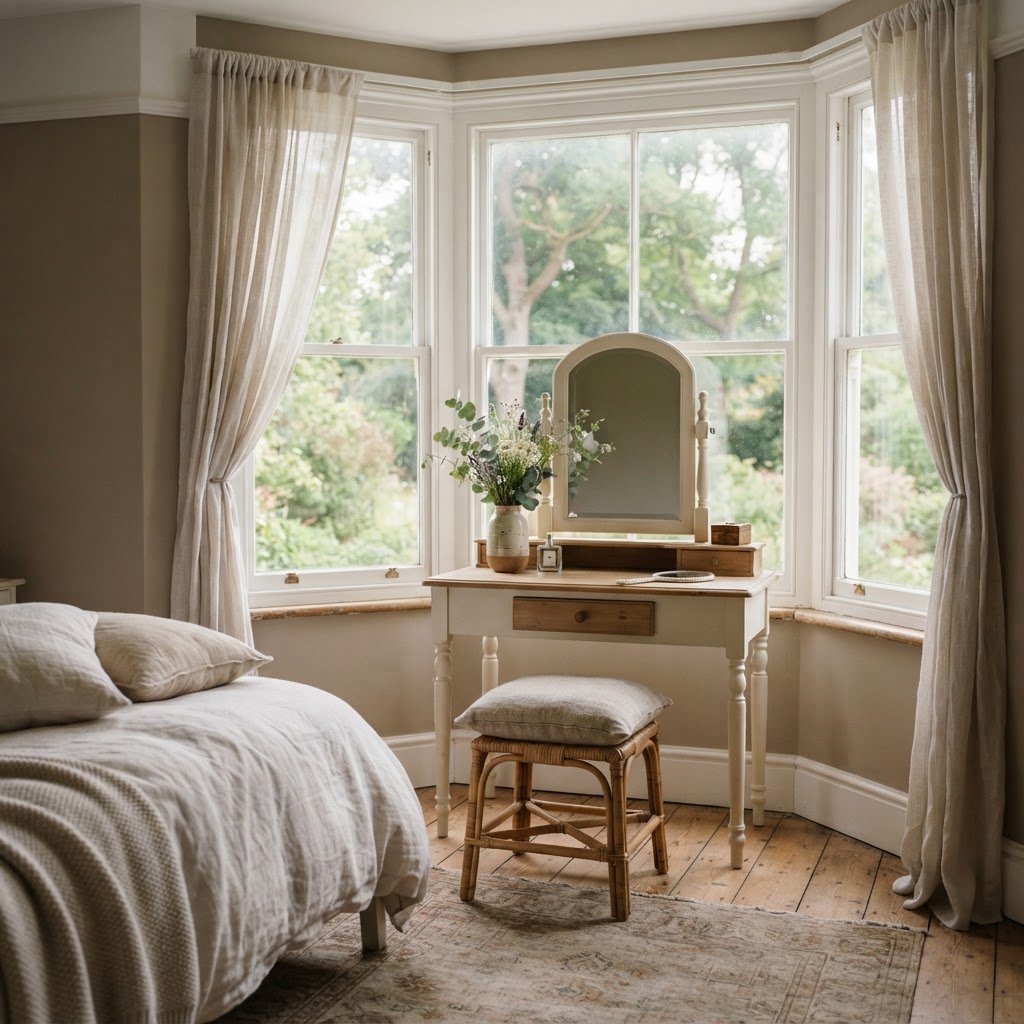 Bedroom bay window with a dressing table, mirror and stool