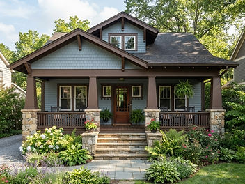 Blue-gray craftsman house with chocolate brown trim, porch posts and railings