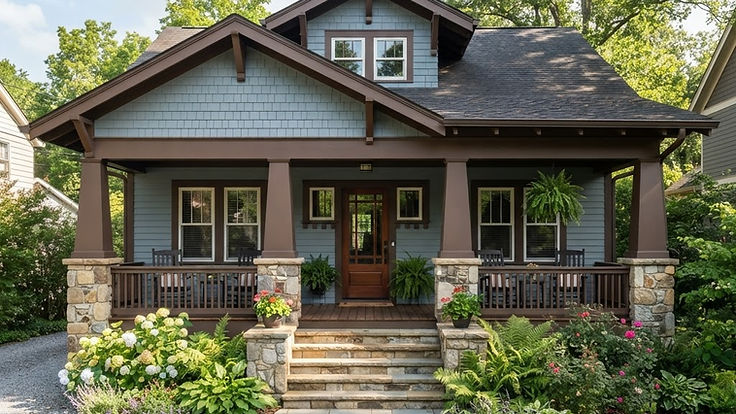 Blue-gray craftsman house with chocolate brown trim, porch posts and railings