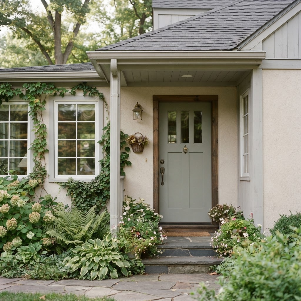 Muted sage green-gray front door on a light beige house with a simple porch light
