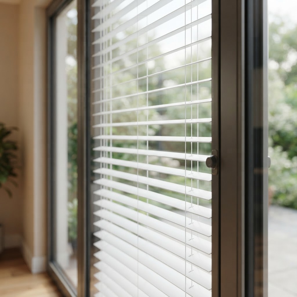 Close-up of white blinds sealed between two panes of glass in a patio door