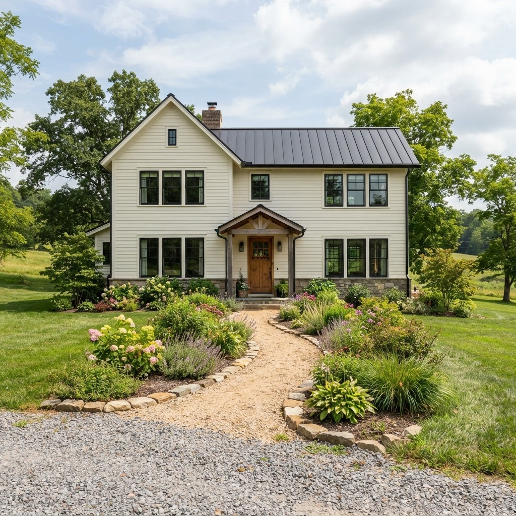 Two-storey farmhouse exterior with creamy white siding, black windows, a metal roof, a wooden front door and a winding gravel path through a garden