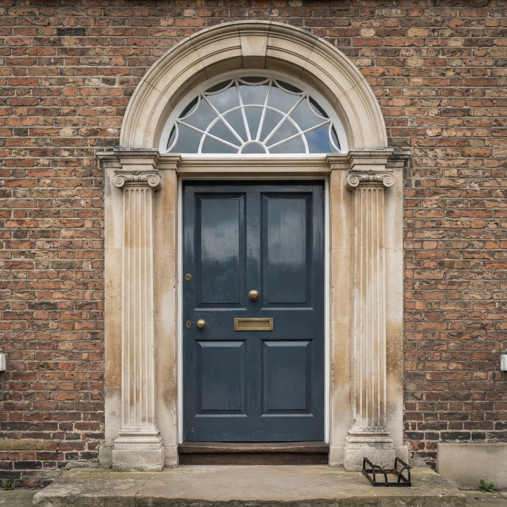 Half-round fanlight with radiating glazing bars above a dark painted front door