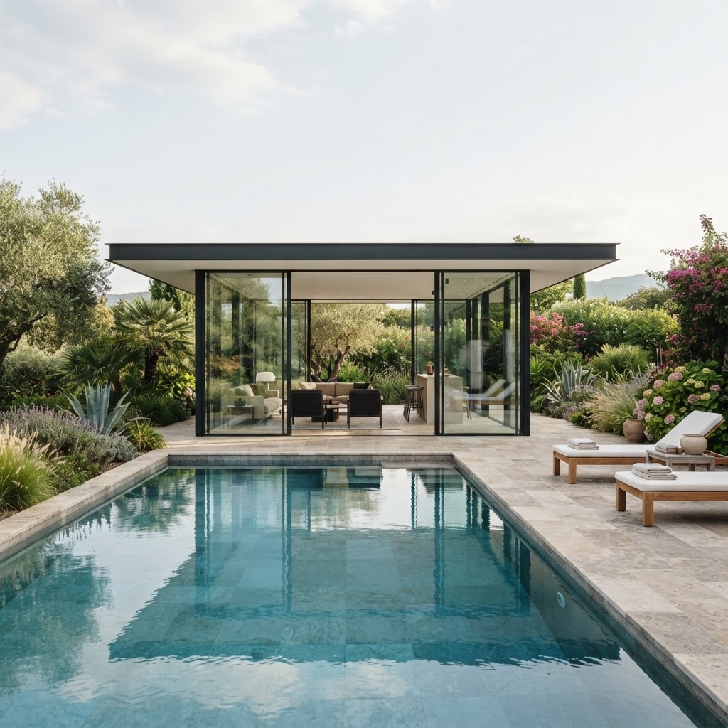 Modern glass pavilion pool house with a slim flat roof beside a swimming pool in a landscaped garden