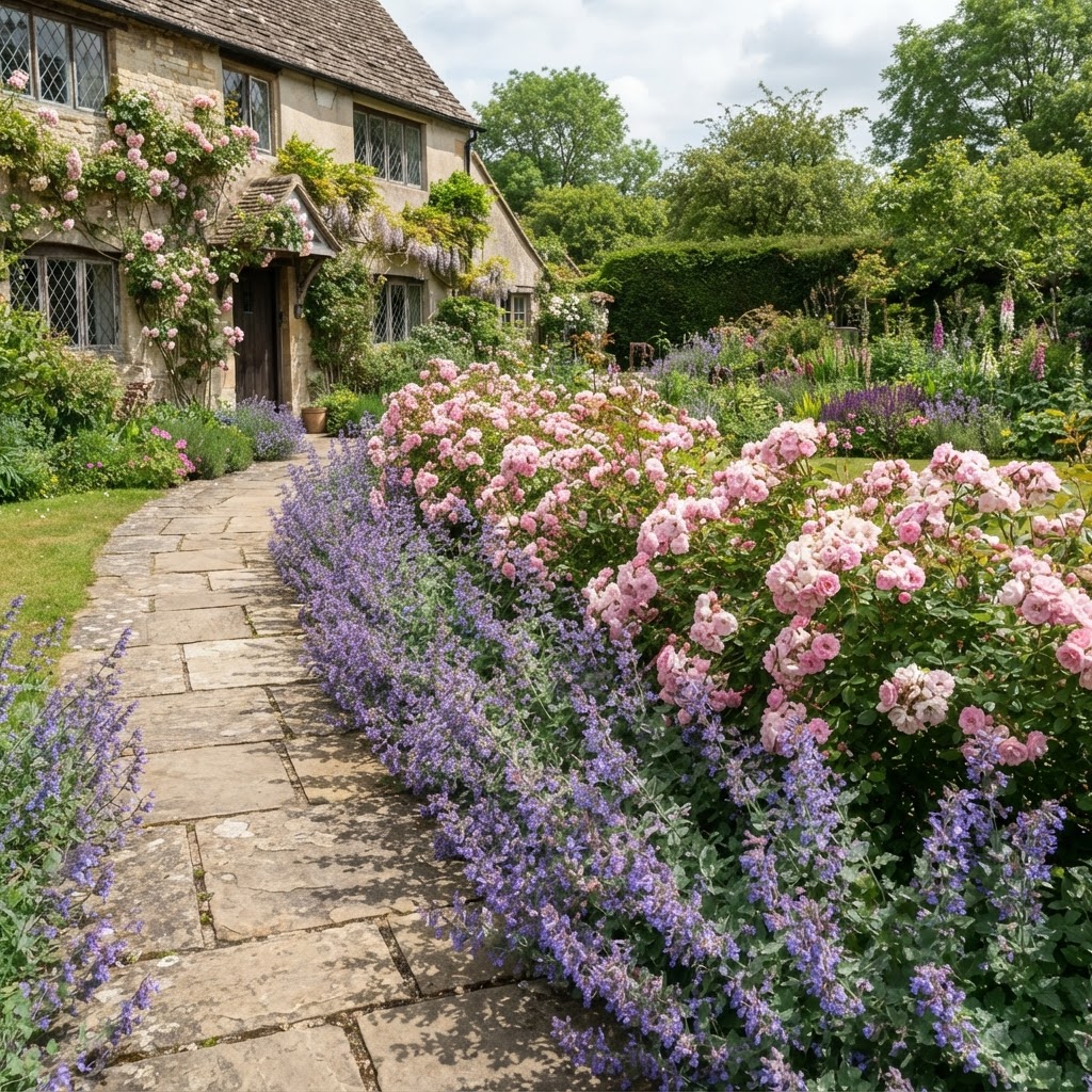 Blue catmint edging a border of pink shrub roses along a stone front walkway to a stone cottage
