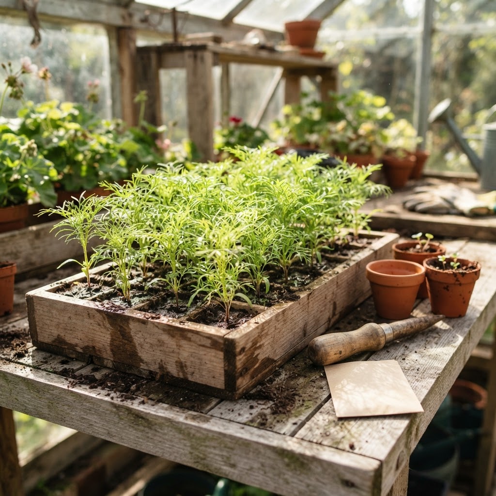 Wooden seed tray of young cosmos seedlings with feathery true leaves on a sunny greenhouse bench, with small terracotta pots and a dibber