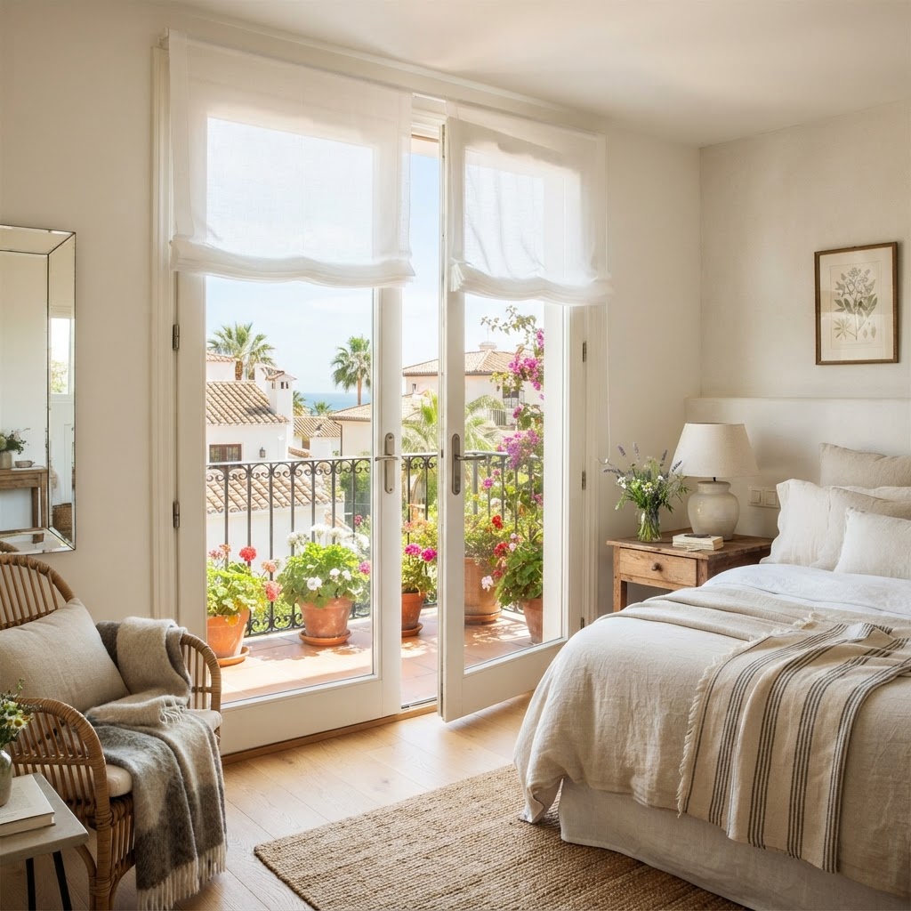 Sheer white roller blinds on French doors in a bright bedroom opening onto a balcony