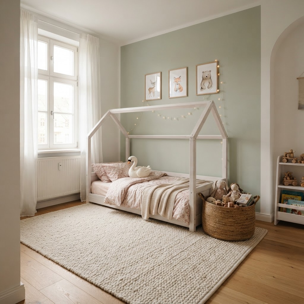 Toddler girl's room with a white house-frame bed, a soft rug and a basket of toys