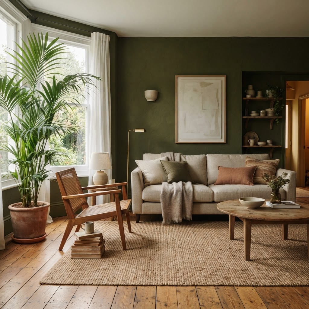 Living room with deep olive green walls, a linen sofa, jute rug and tall potted palms