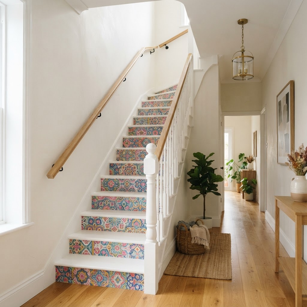 Bright hallway staircase with white painted treads, the risers covered in a colourful tile-effect patterned wallpaper, a white balustrade and a wooden handrail