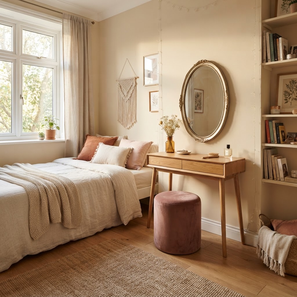Teenage girl's bedroom with a wooden dressing table, an oval mirror and a velvet stool