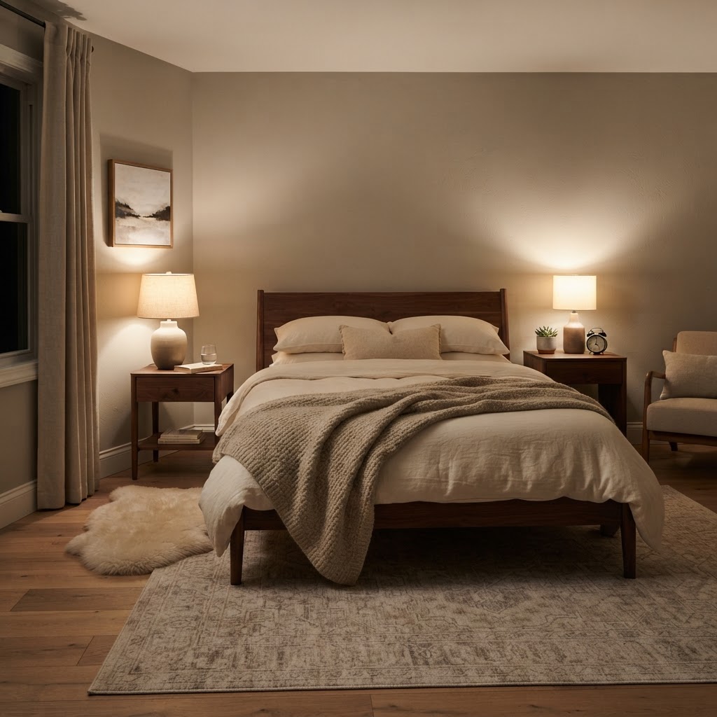 Cosy bedroom in soft warm greige with a walnut bed and warm lamplight