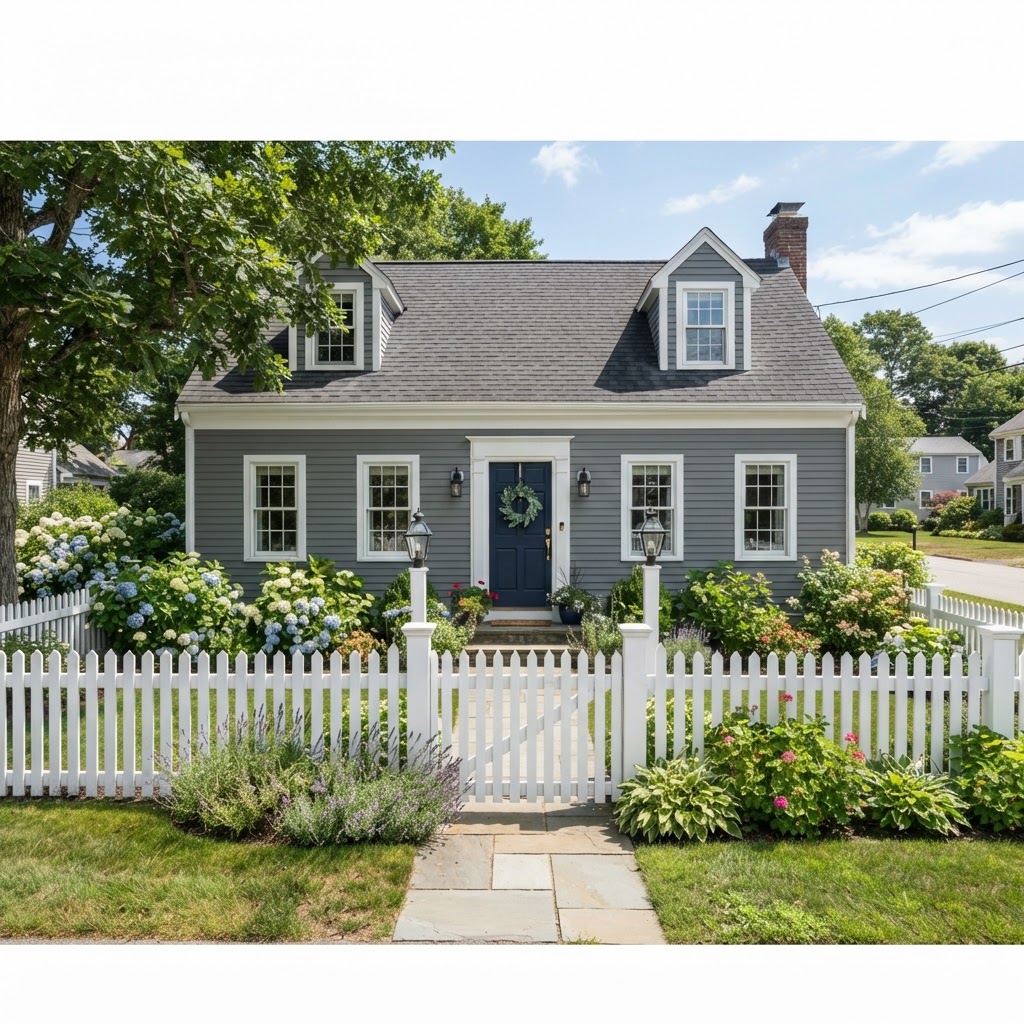 Mid-gray clapboard Cape Cod house with crisp white trim around the windows, dormers and eaves, a navy front door with a wreath, a white picket fence and a stone path