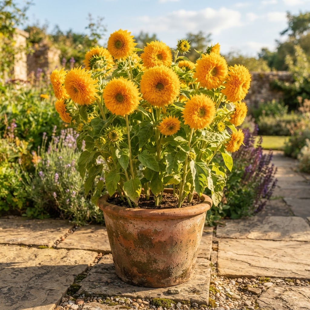Dwarf golden sunflowers growing in a terracotta pot on a stone patio