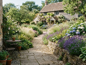 Back garden with a natural stone patio, a gravel path and a low stone wall softened by grasses, lavender and hydrangeas