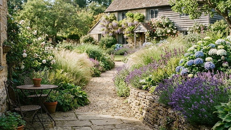 Back garden with a natural stone patio, a gravel path and a low stone wall softened by grasses, lavender and hydrangeas