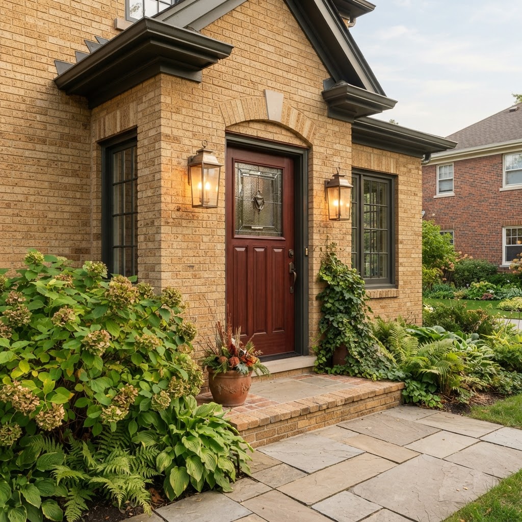 Rich red-brown front door on a golden tan brick house with warm porch lights