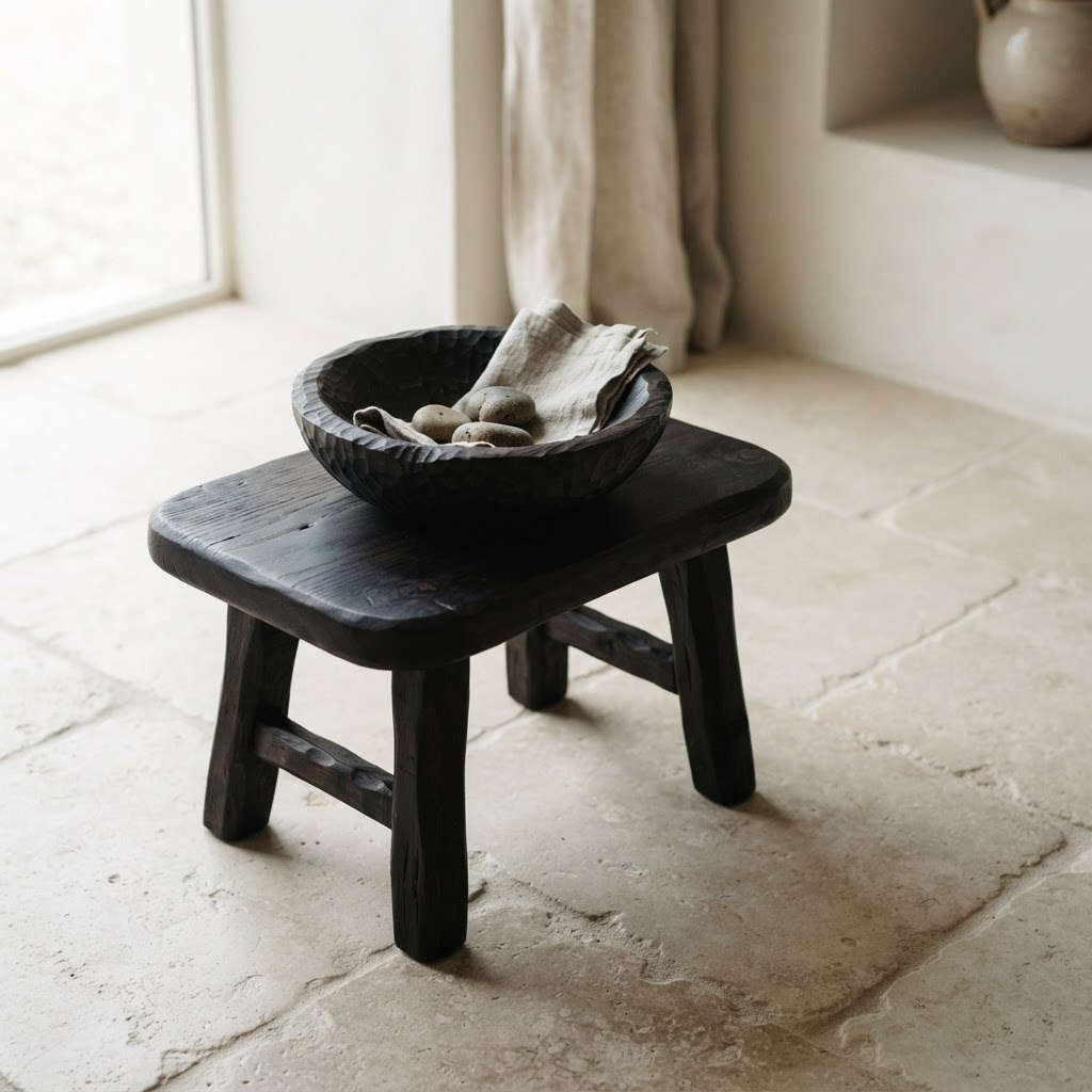 Small stool in very dark dense hardwood with a carved bowl on a pale stone floor