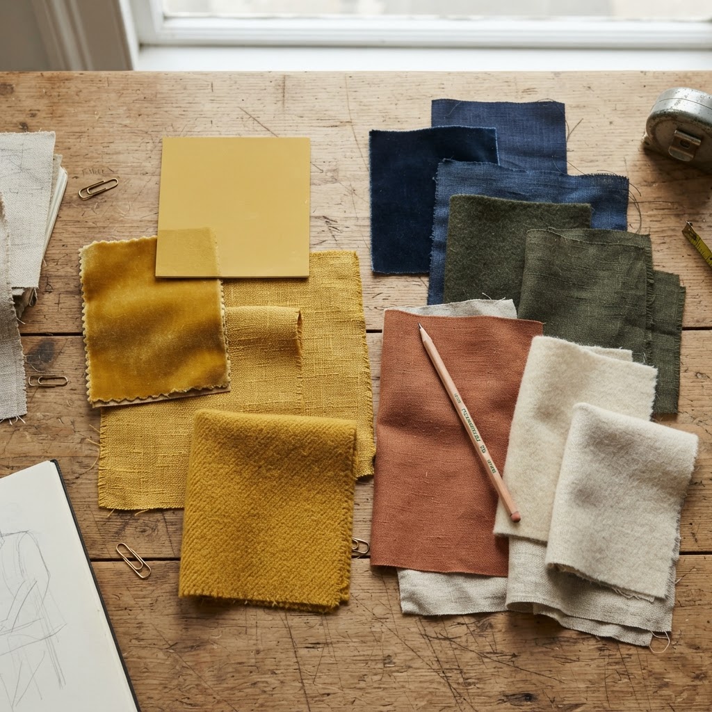 Flat lay of mustard yellow paint swatches and velvet, linen and wool fabric samples beside navy, olive green, terracotta and cream swatches on a wooden desk with a pencil