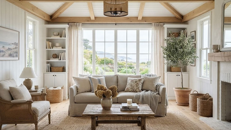 Living room with a white painted tongue and groove timber ceiling and exposed beams, pale walls, a linen sofa, large windows and a light oak floor with an airy coastal country feel