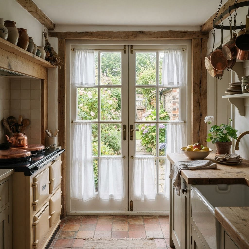 Cottage kitchen French doors with sheer white sash curtains on each glass panel