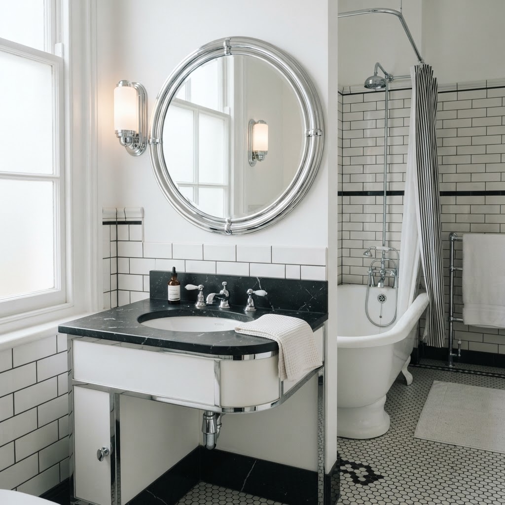 Art Deco bathroom with black and white tiles, chrome fittings and a round mirror