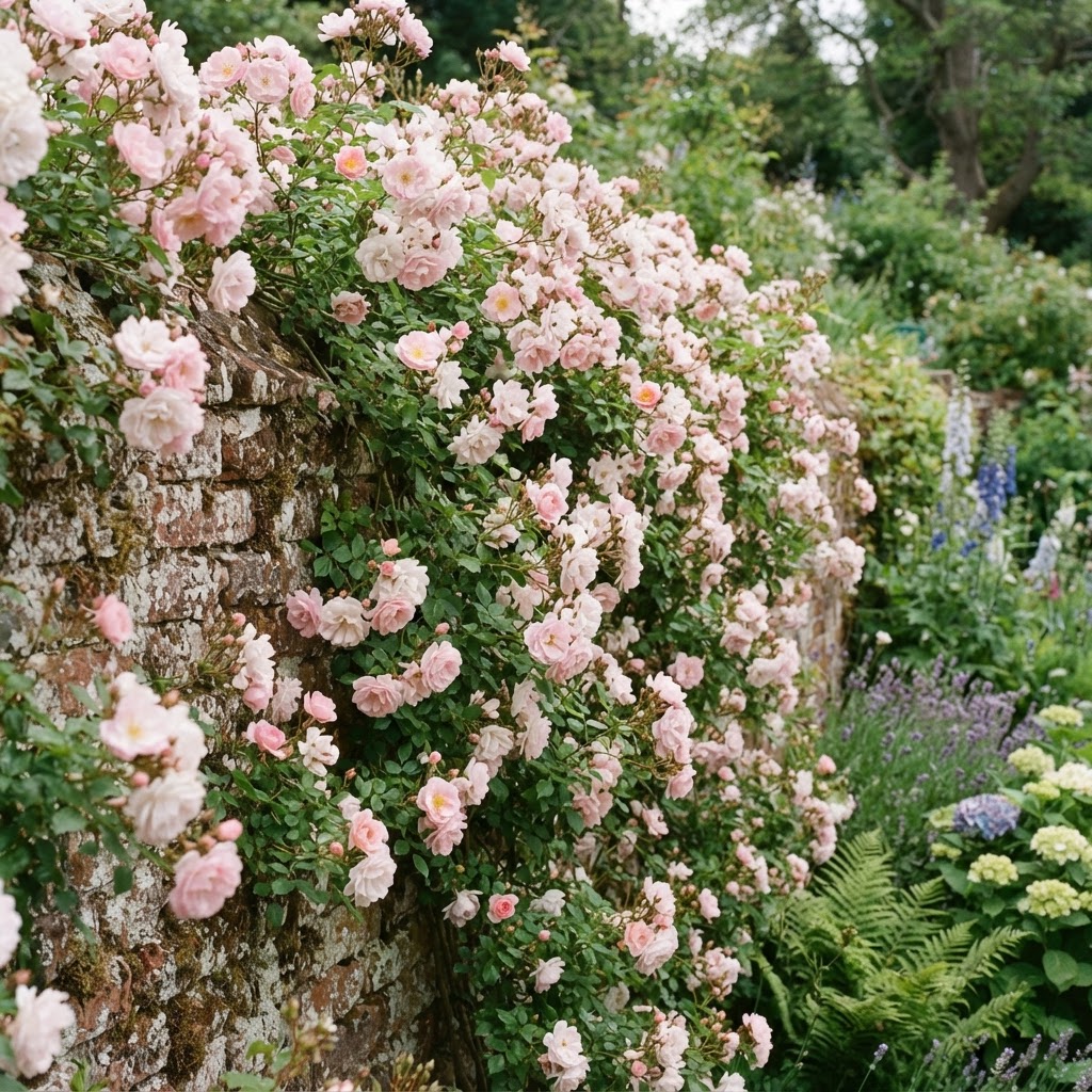 Pale pink semi-double roses climbing over an old brick wall in summer