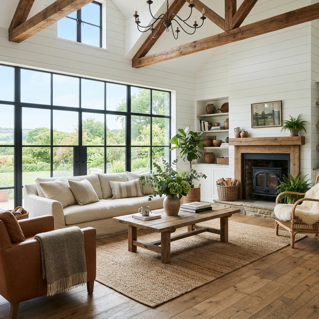 Modern farmhouse living room with large black-framed grid windows and a wood burner