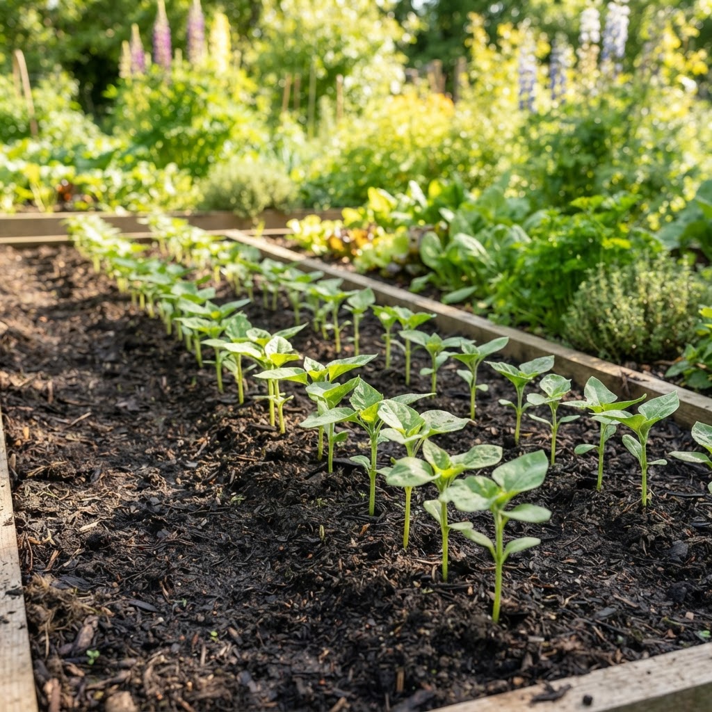 Row of young sunflower seedlings growing in a sunny vegetable garden bed