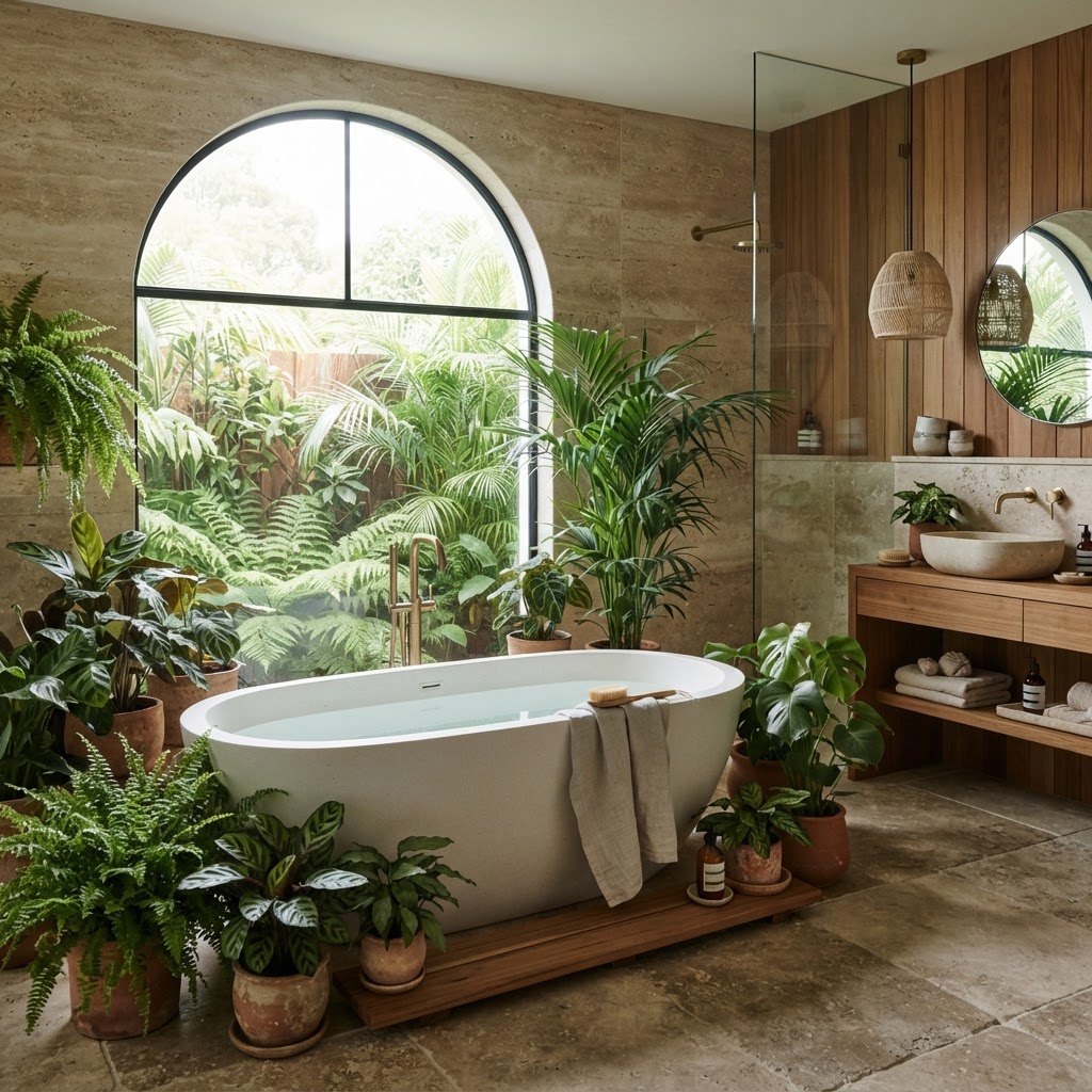 Bathroom with ferns and tropical plants around a freestanding bath, natural stone and teak details