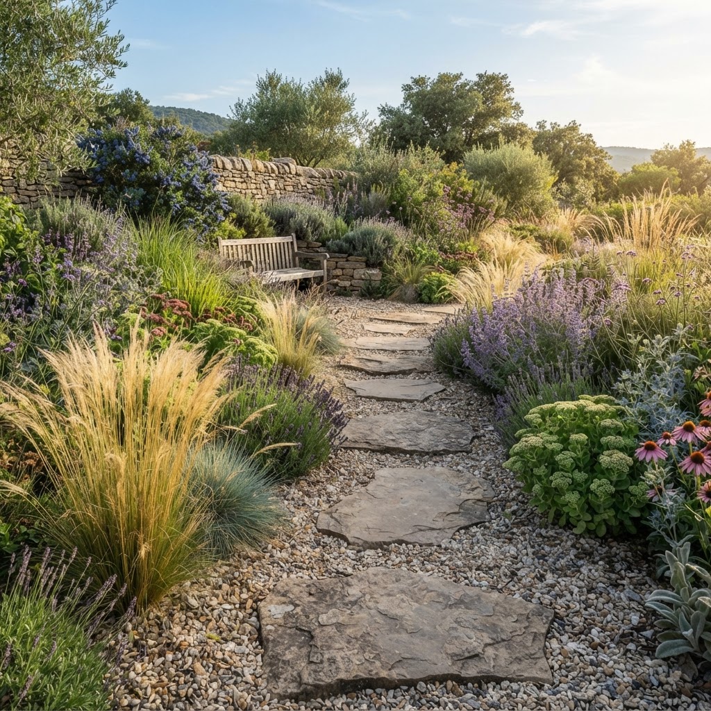 Gravel garden with large stepping stones, ornamental grasses and drought-tolerant perennials