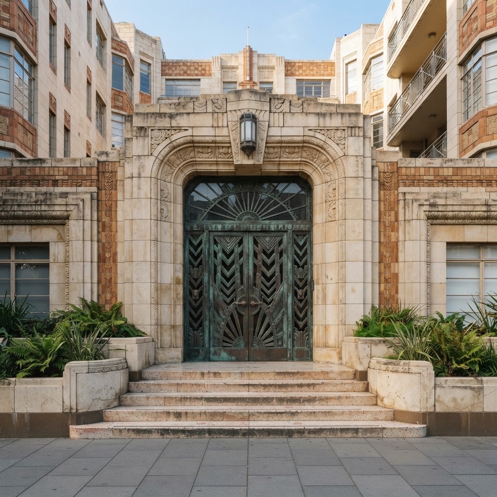 Art Deco apartment block entrance with geometric metalwork doors and terrazzo steps
