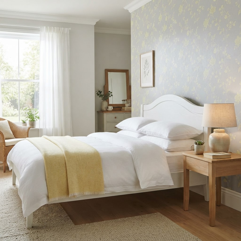 Bright bedroom with soft dove grey wallpaper with a delicate pale lemon floral and trailing leaf pattern behind a white bed, white bedding, a yellow wool throw and a light wood bedside table