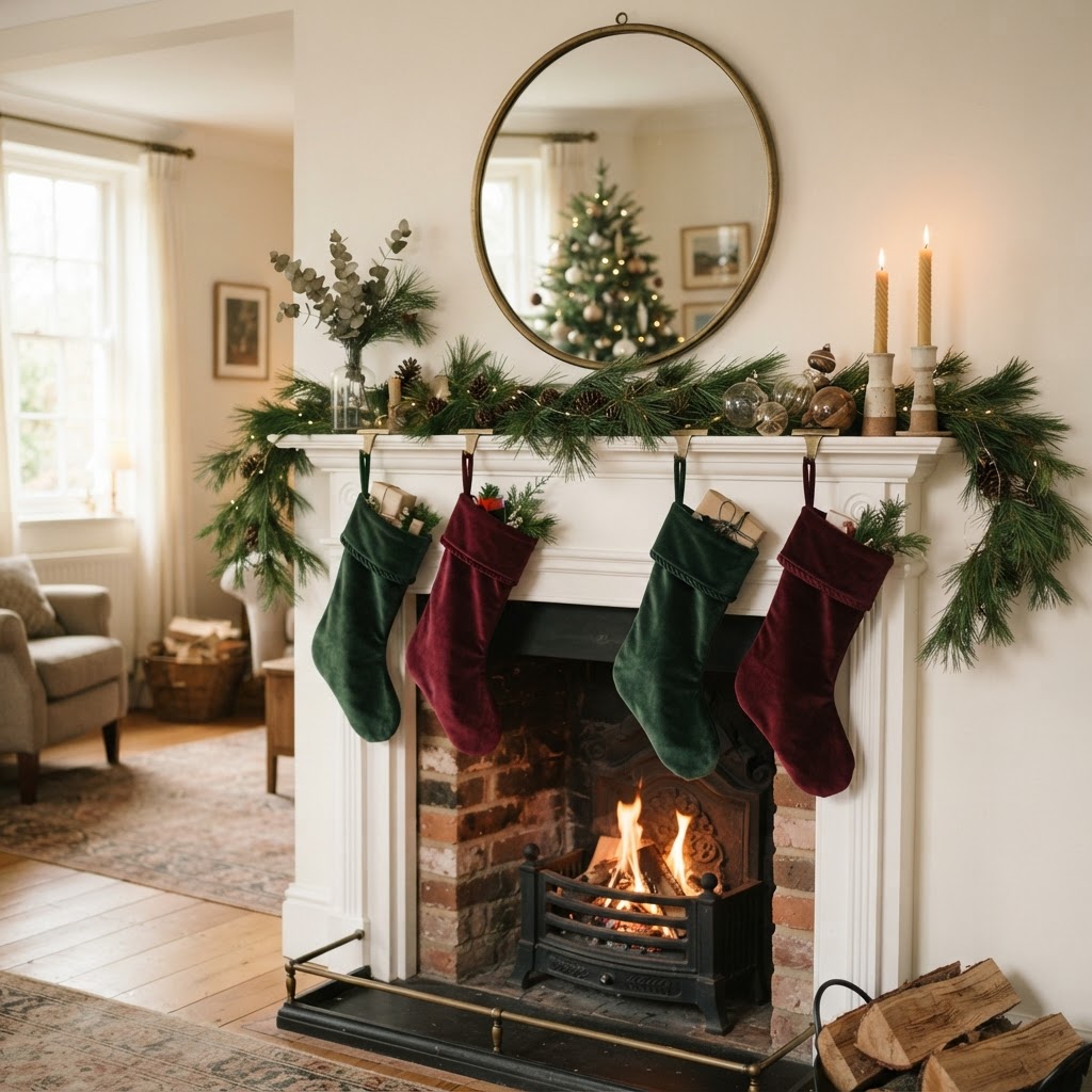 Velvet Christmas stockings in deep green and burgundy hanging from a white mantelpiece with a simple pine garland