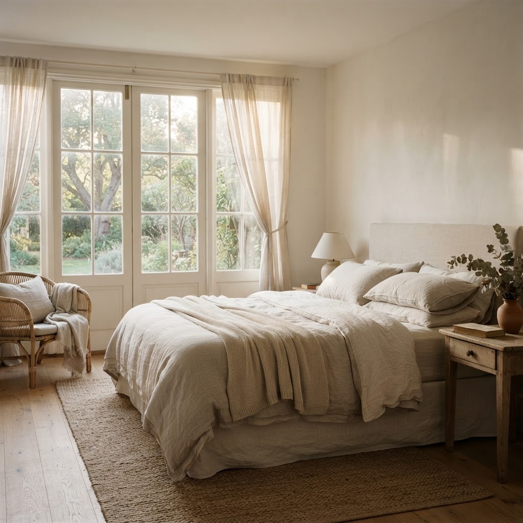 French casement windows with sheer linen curtains in a calm white bedroom
